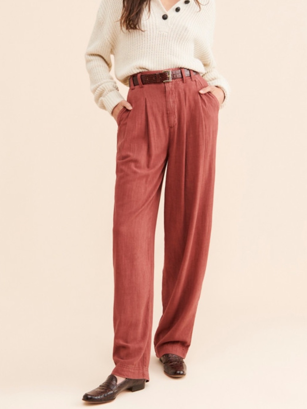 Free People High-Rise Wide-Leg Trousers in Rust Red